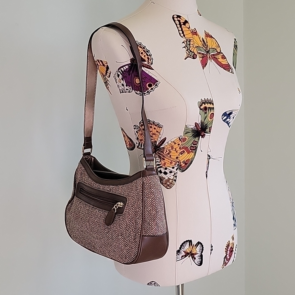 Liz CLAIBORNE brown cloth wool leather shoulder bag purse.  Excellent condition! - Picture 10 of 14